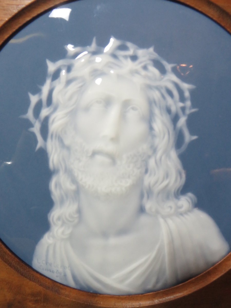 Christ Wearing The Crown Of Thorns: Limoges Porcelain Plaque Signed L. Crelerot -photo-4