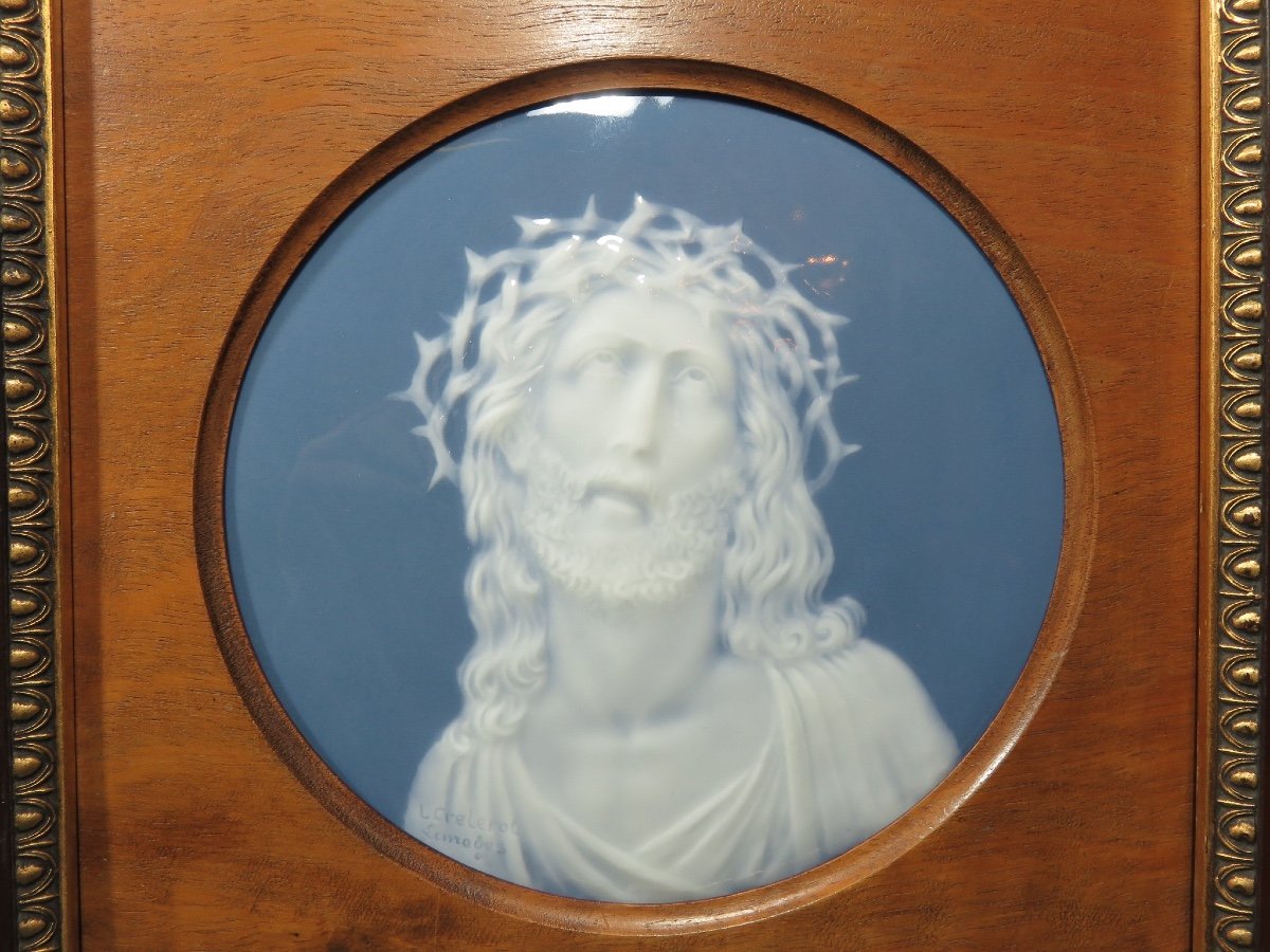 Christ Wearing The Crown Of Thorns: Limoges Porcelain Plaque Signed L. Crelerot 
