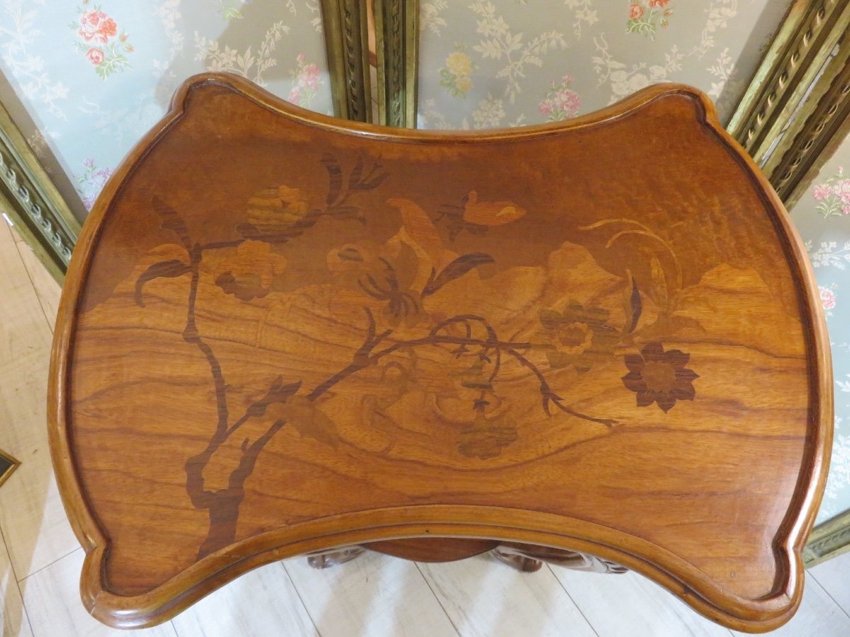 Table, Pedestal Table, With Double Trays, Art Nouveau Period In Marquetry -photo-2