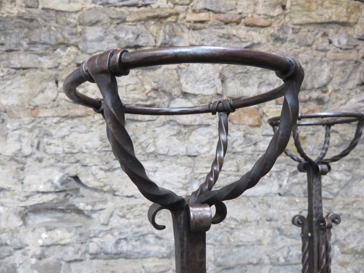 Pair Of Wrought Iron Landiers Or Rigodets With Three Hooks, Fleur-de-lys Decoration, 19th Century -photo-4