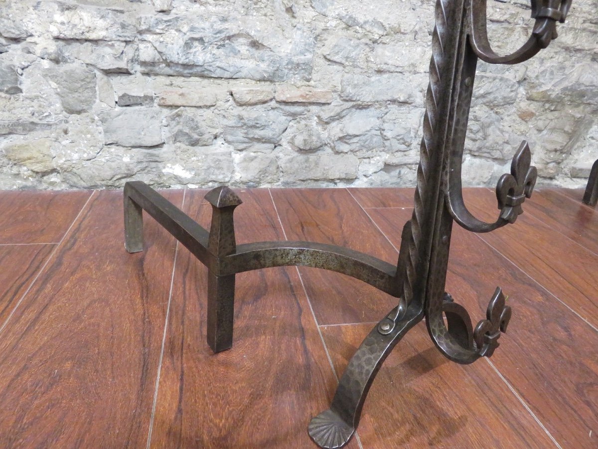 Pair Of Wrought Iron Landiers Or Rigodets With Three Hooks, Fleur-de-lys Decoration, 19th Century -photo-1