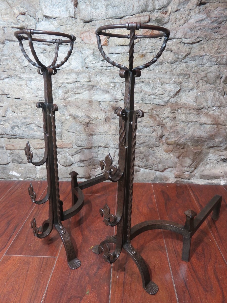 Pair Of Wrought Iron Landiers Or Rigodets With Three Hooks, Fleur-de-lys Decoration, 19th Century -photo-5