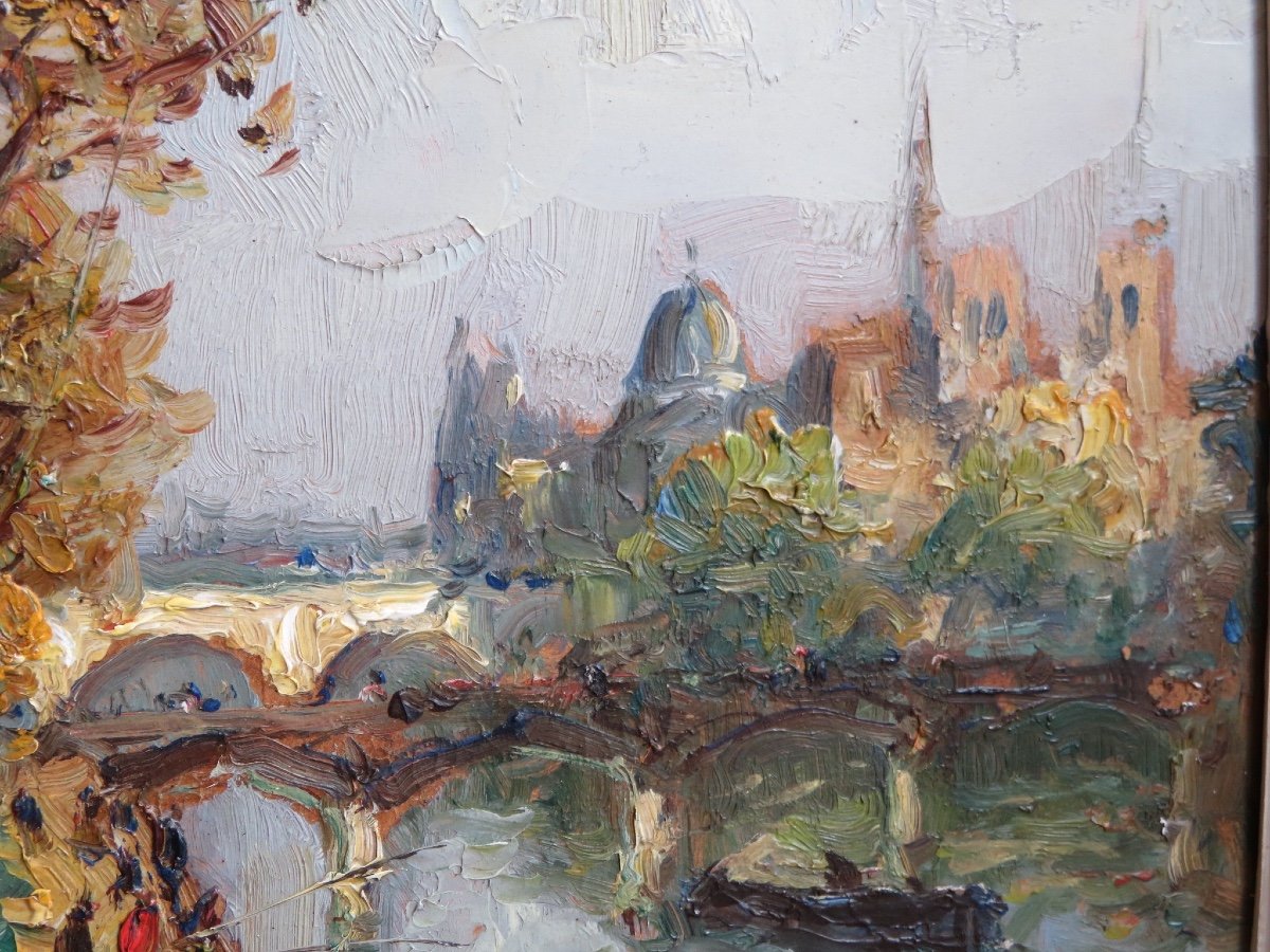 Mério Ameglio (1897 - 1970) Fishermen On The Banks Of The Seine And View On Notre Dame-photo-2