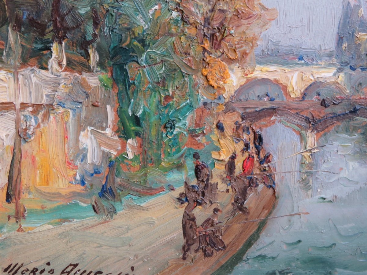 Mério Ameglio ( 1897 - 1970 ) pécheurs sur les quais de la Seine et vue de Notre Dame -photo-3