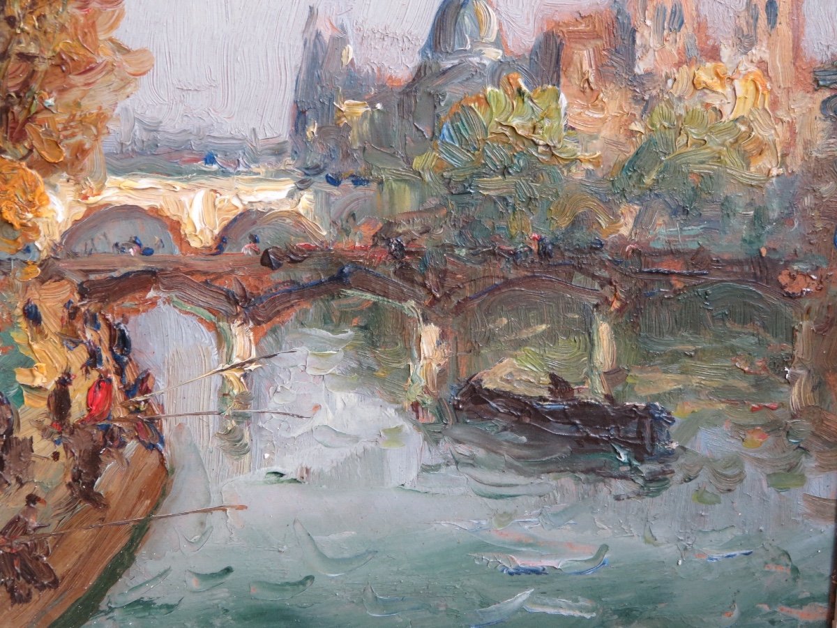 Mério Ameglio ( 1897 - 1970 ) pécheurs sur les quais de la Seine et vue de Notre Dame -photo-1