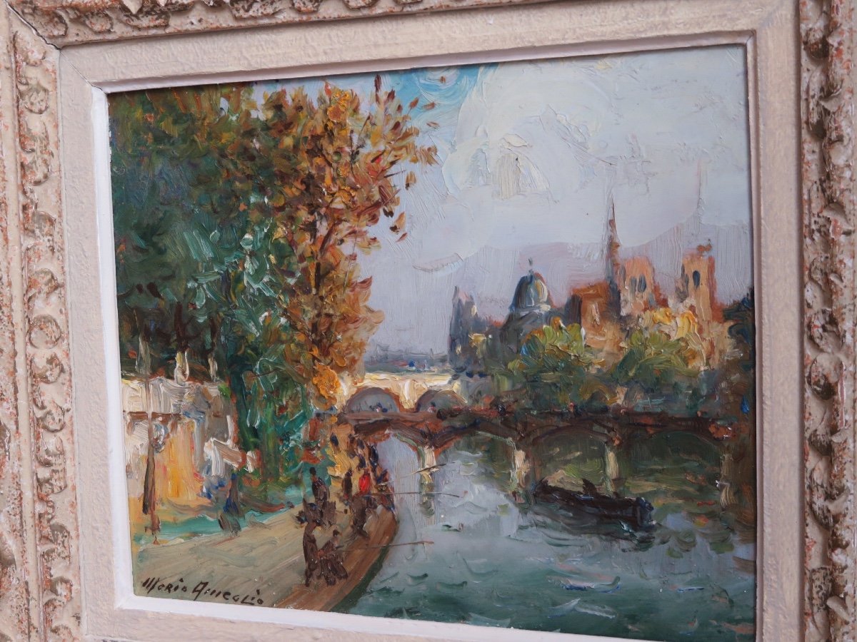 Mério Ameglio ( 1897 - 1970 ) pécheurs sur les quais de la Seine et vue de Notre Dame -photo-4