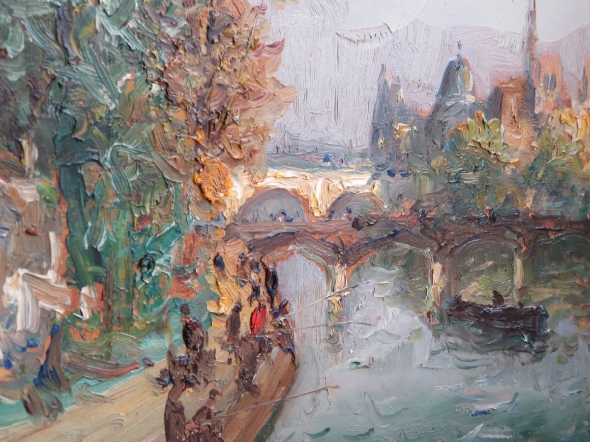 Mério Ameglio ( 1897 - 1970 ) pécheurs sur les quais de la Seine et vue de Notre Dame -photo-5