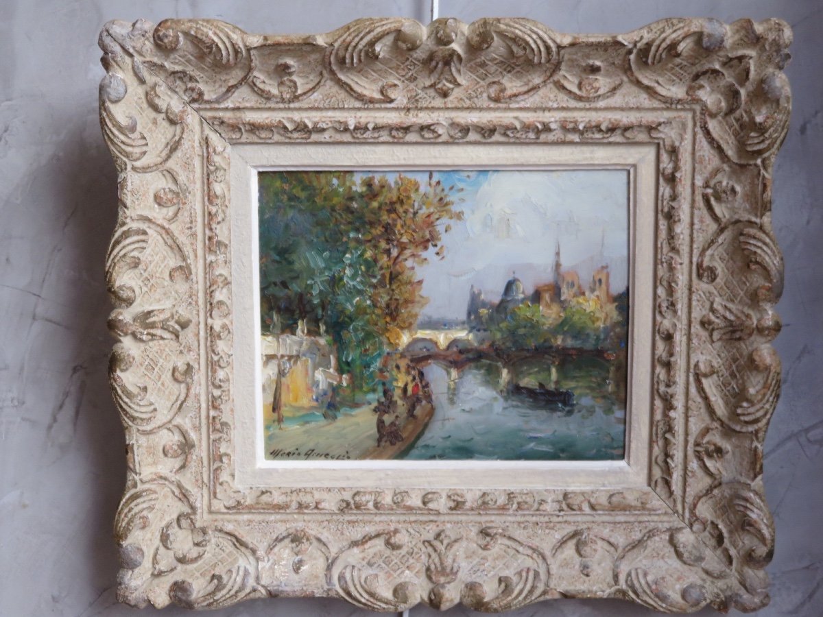 Mério Ameglio ( 1897 - 1970 ) pécheurs sur les quais de la Seine et vue de Notre Dame 