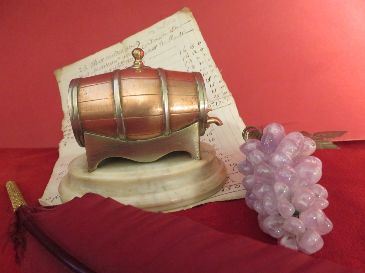 Paperweight, Brass Curiosity Object, Barrel-shaped, Mounted On Marble Base