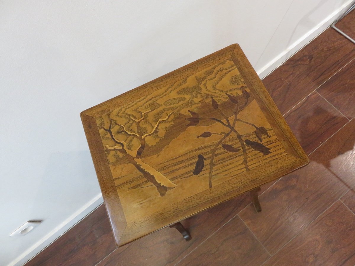 Série de quatre tables gigognes époque  Art Nouveau ,1900 , marquetées  : les quatre saisons -photo-1