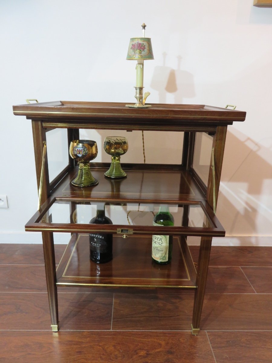 Tea Table Or Sideboard In Brass-plated Mahogany With Four Beveled Glass Flaps, Late 19th Century-photo-4