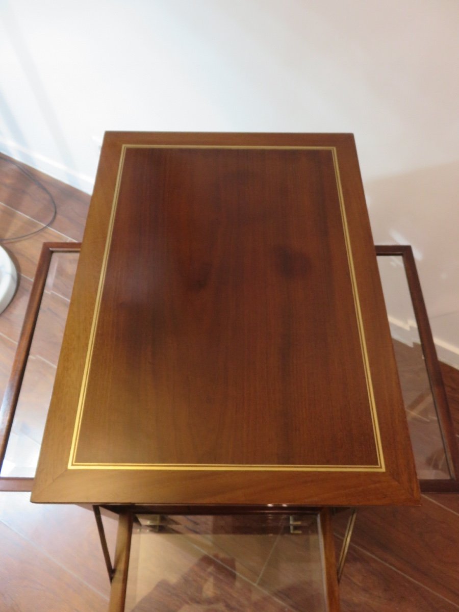Tea Table Or Sideboard In Brass-plated Mahogany With Four Beveled Glass Flaps, Late 19th Century-photo-2