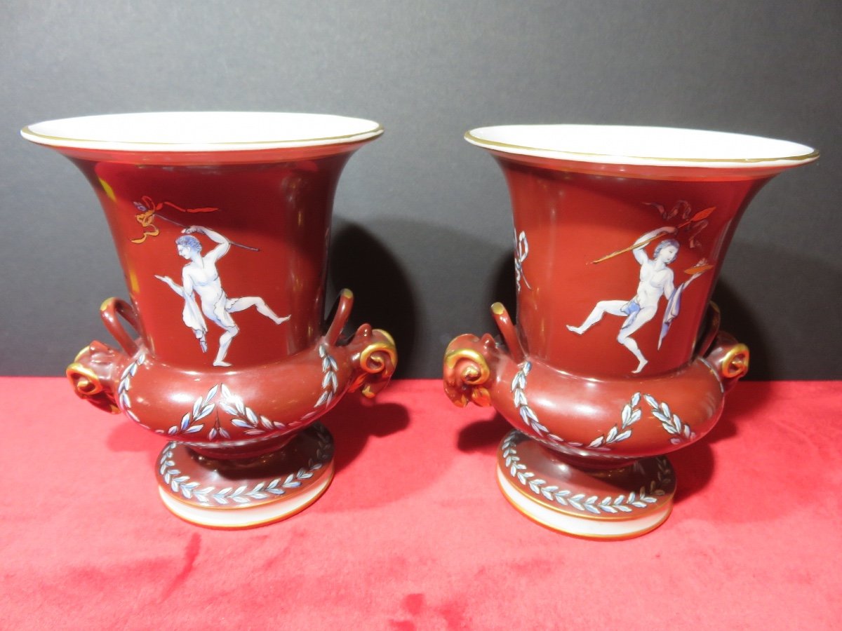 Pair Of Medici-shaped Porcelain Vases With Double Decoration In The Neo-classical 20th Century Style-photo-8