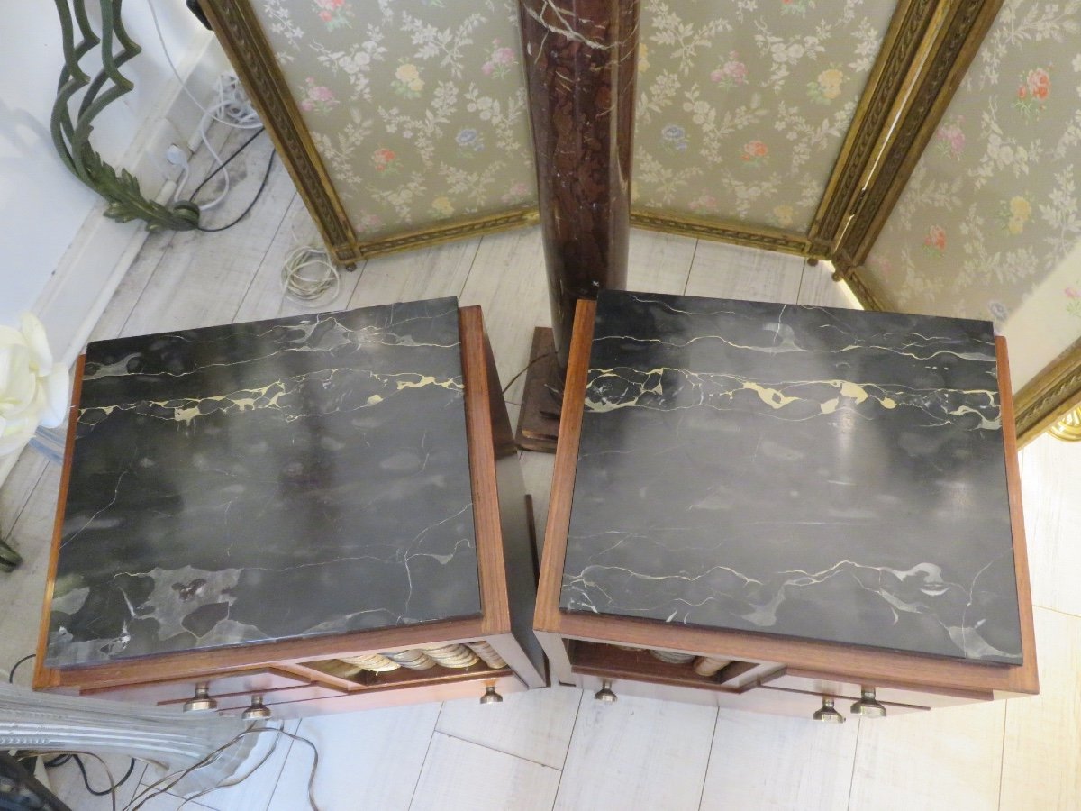 Paire de chevets en palissandre et acajou  , marbre Portor  ,  d'époque Art Déco -photo-1