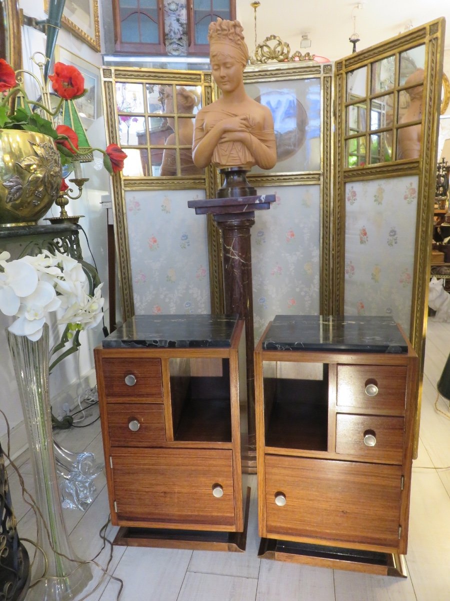 Paire de chevets en palissandre et acajou  , marbre Portor  ,  d'époque Art Déco -photo-2