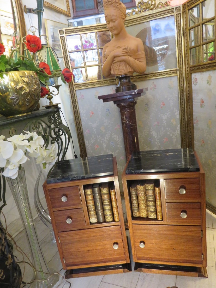 Paire de chevets en palissandre et acajou  , marbre Portor  ,  d'époque Art Déco -photo-7