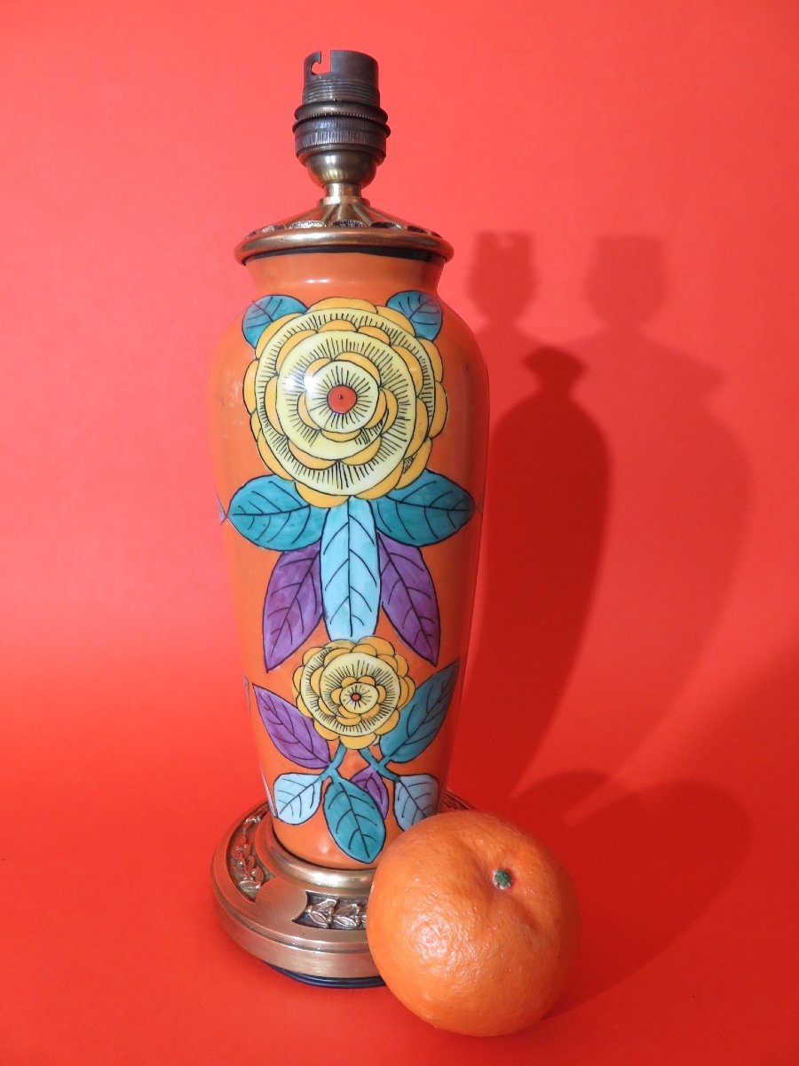 Lampe en céramique peinte , monture en bronze doré , époque Art Déco -photo-2