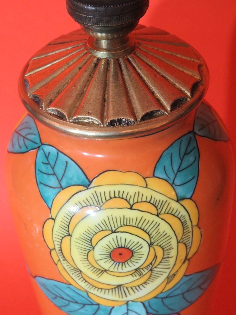 Lampe en céramique peinte , monture en bronze doré , époque Art Déco -photo-3