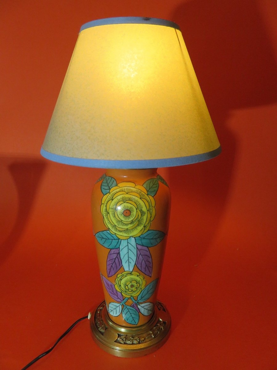 Lampe en céramique peinte , monture en bronze doré , époque Art Déco -photo-4