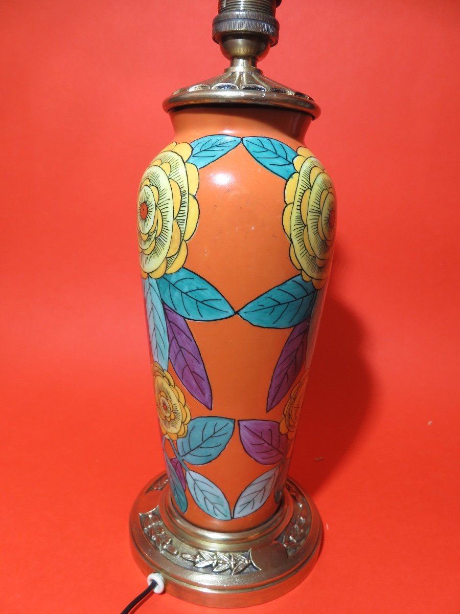 Lampe en céramique peinte , monture en bronze doré , époque Art Déco -photo-1