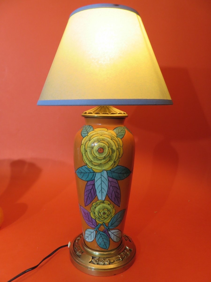 Lampe en céramique peinte , monture en bronze doré , époque Art Déco -photo-5