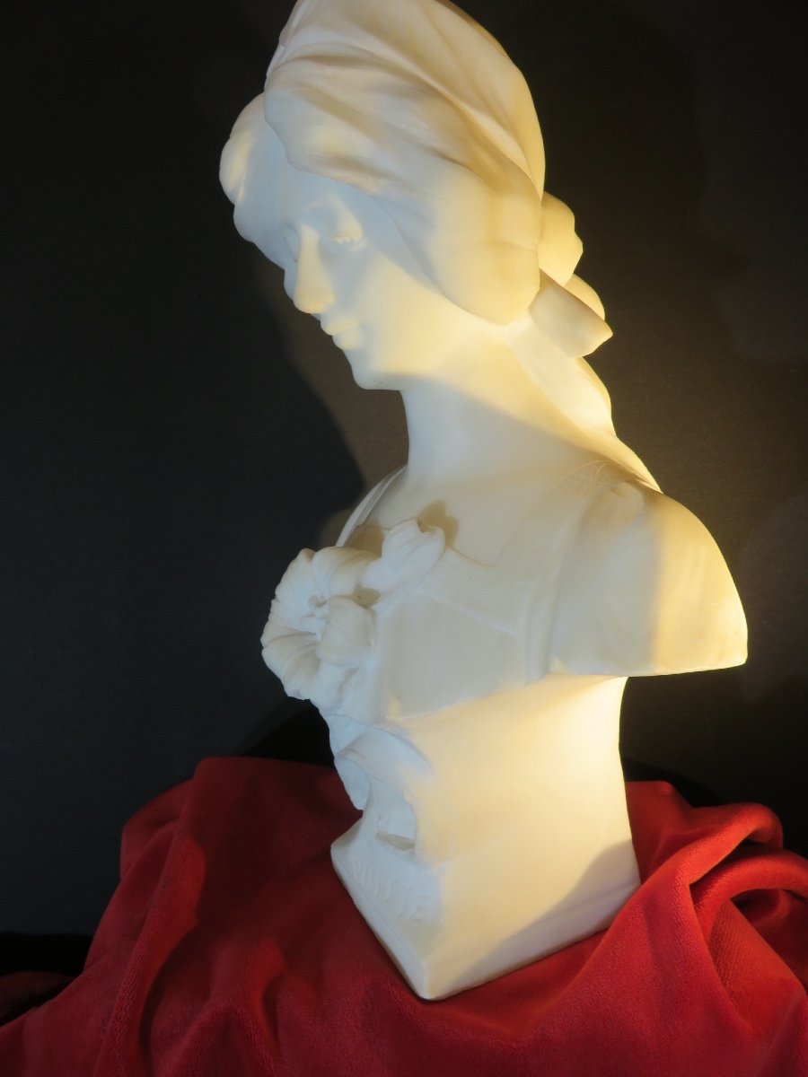 Buste de jeune femme en albâtre ( Ht: 35 cm) sculpture  intitulée" Pureté " signé JP Marchand -photo-4