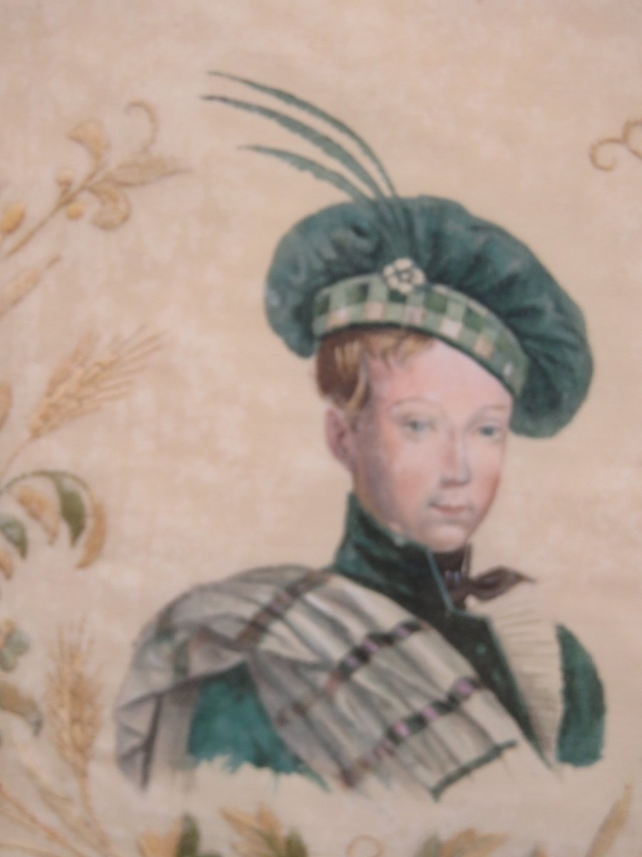 Portrait d'Henri V (1820-1883 )  encadrement , peinture  et broderie sur soie  , maison  HOETH-photo-1