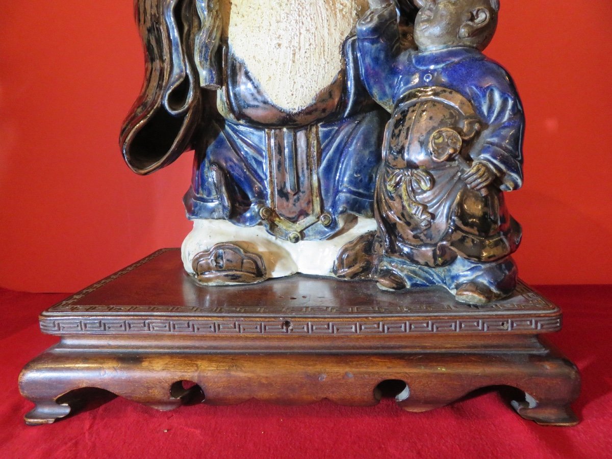 Shiwan Glazed Stoneware (height 40 Cm) Shou Lao Accompanied By A Child, Early 20th Century-photo-3