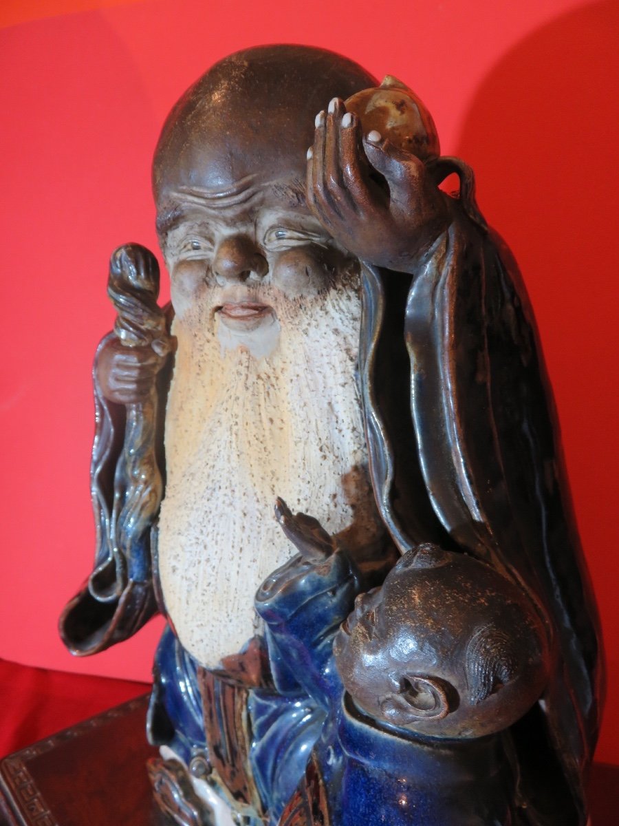 Shiwan Glazed Stoneware (height 40 Cm) Shou Lao Accompanied By A Child, Early 20th Century-photo-4