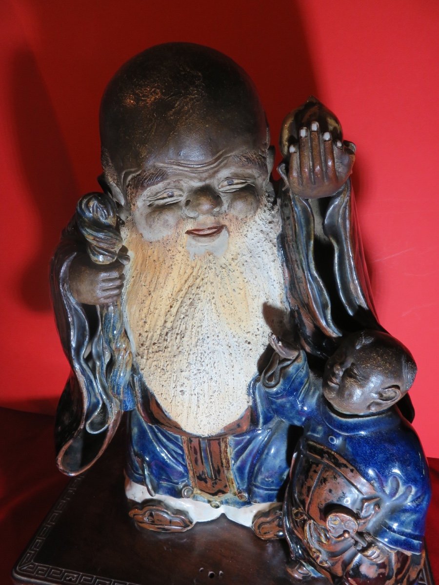 Shiwan Glazed Stoneware (height 40 Cm) Shou Lao Accompanied By A Child, Early 20th Century-photo-6
