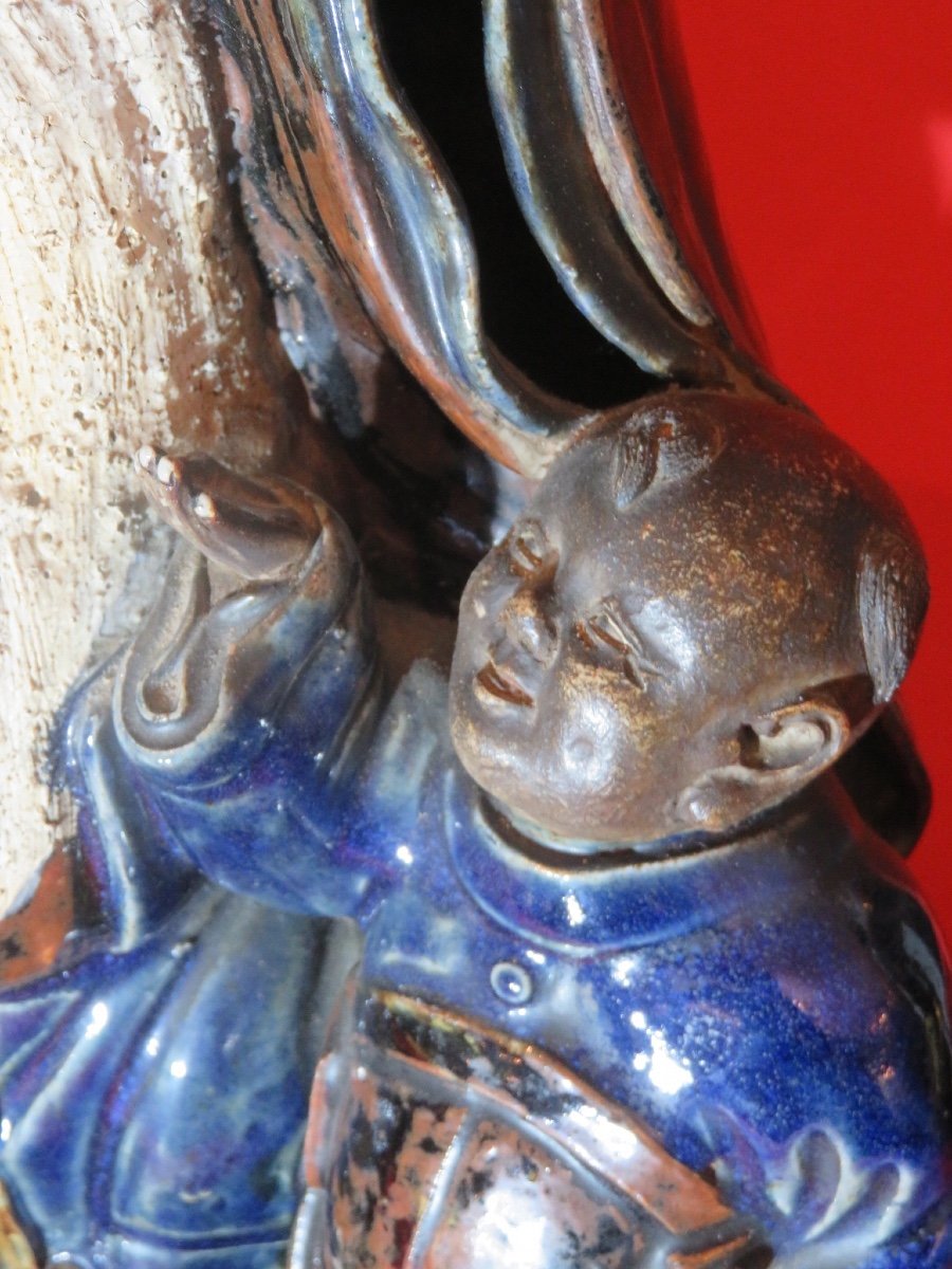Shiwan Glazed Stoneware (height 40 Cm) Shou Lao Accompanied By A Child, Early 20th Century-photo-7