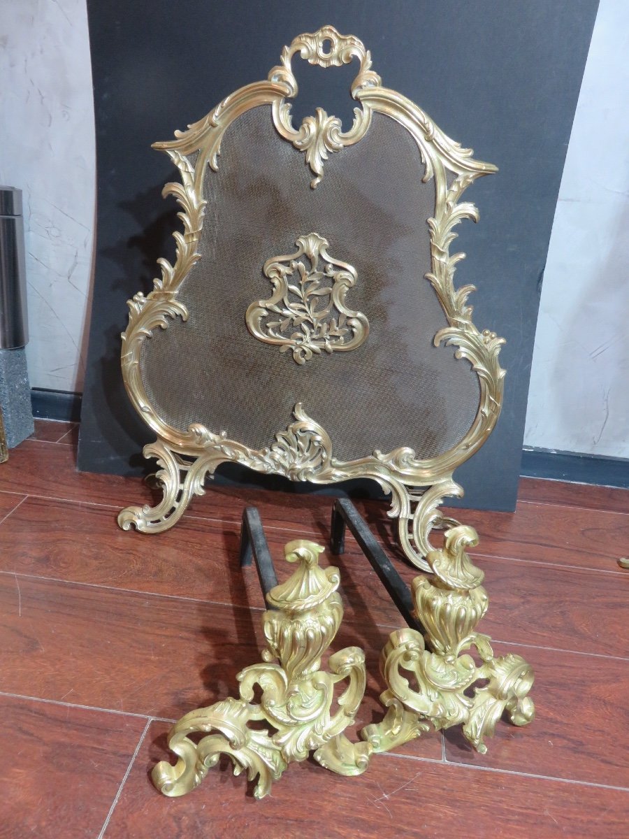 Louis XV Style Gilded Bronze Fire Screen, 19th Century-photo-2