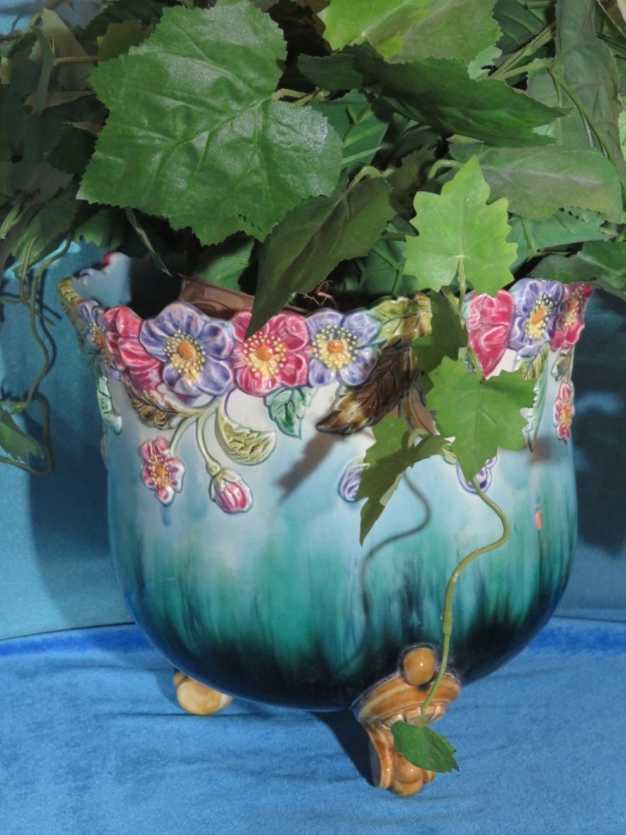 Cache pot en barbotine d'époque d'époque Art Nouveau-photo-5