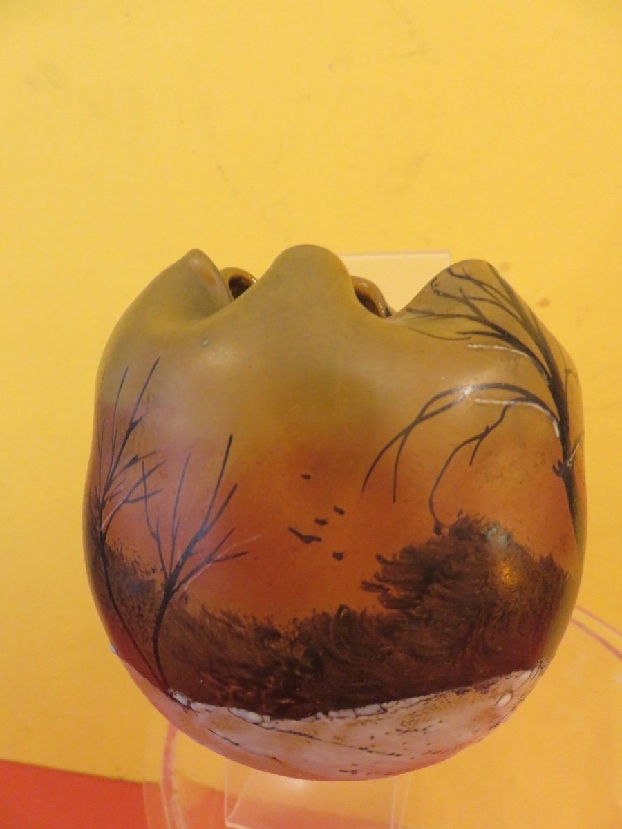 Vase boule signé LEGRAS  François- Théodore ( 1839- 1916 )  émaillé , paysage enneigé -photo-3