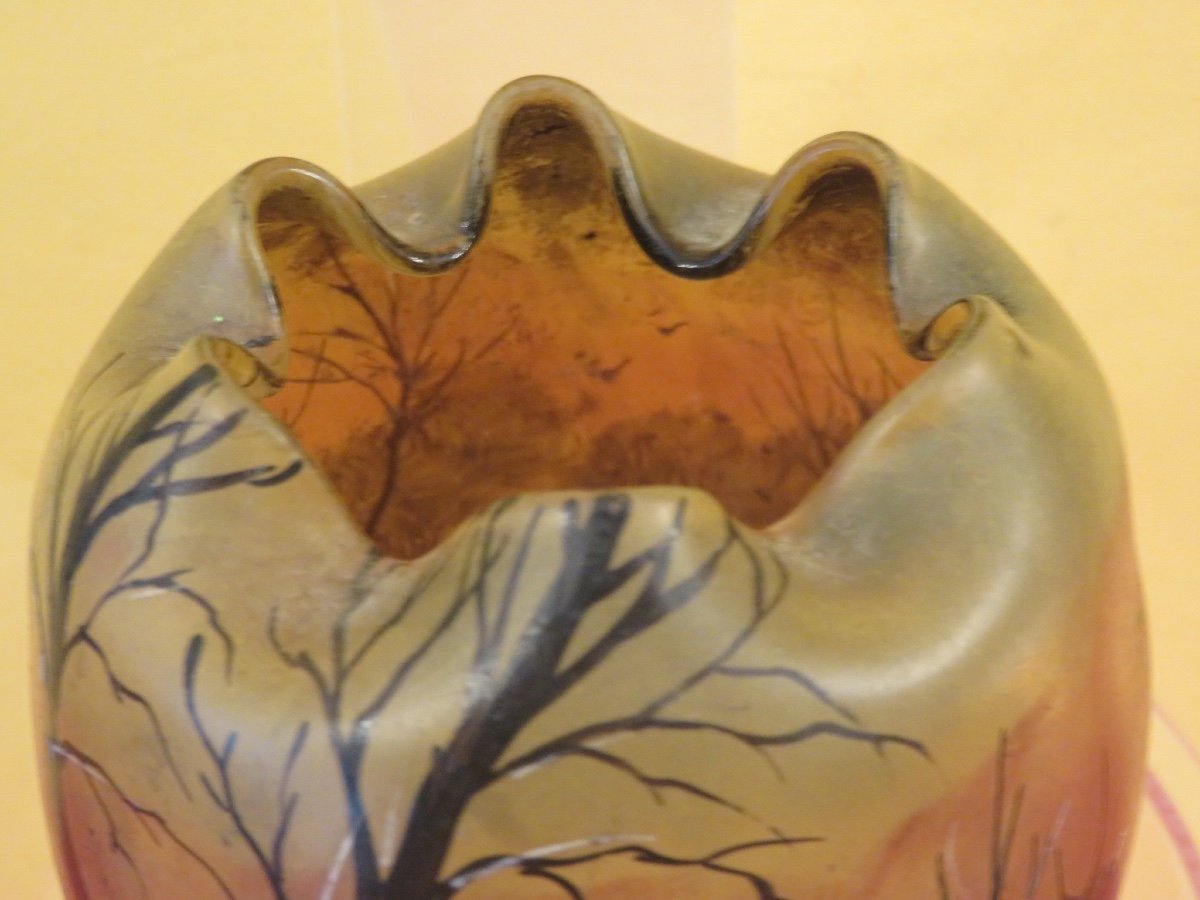 Vase boule signé LEGRAS  François- Théodore ( 1839- 1916 )  émaillé , paysage enneigé -photo-5