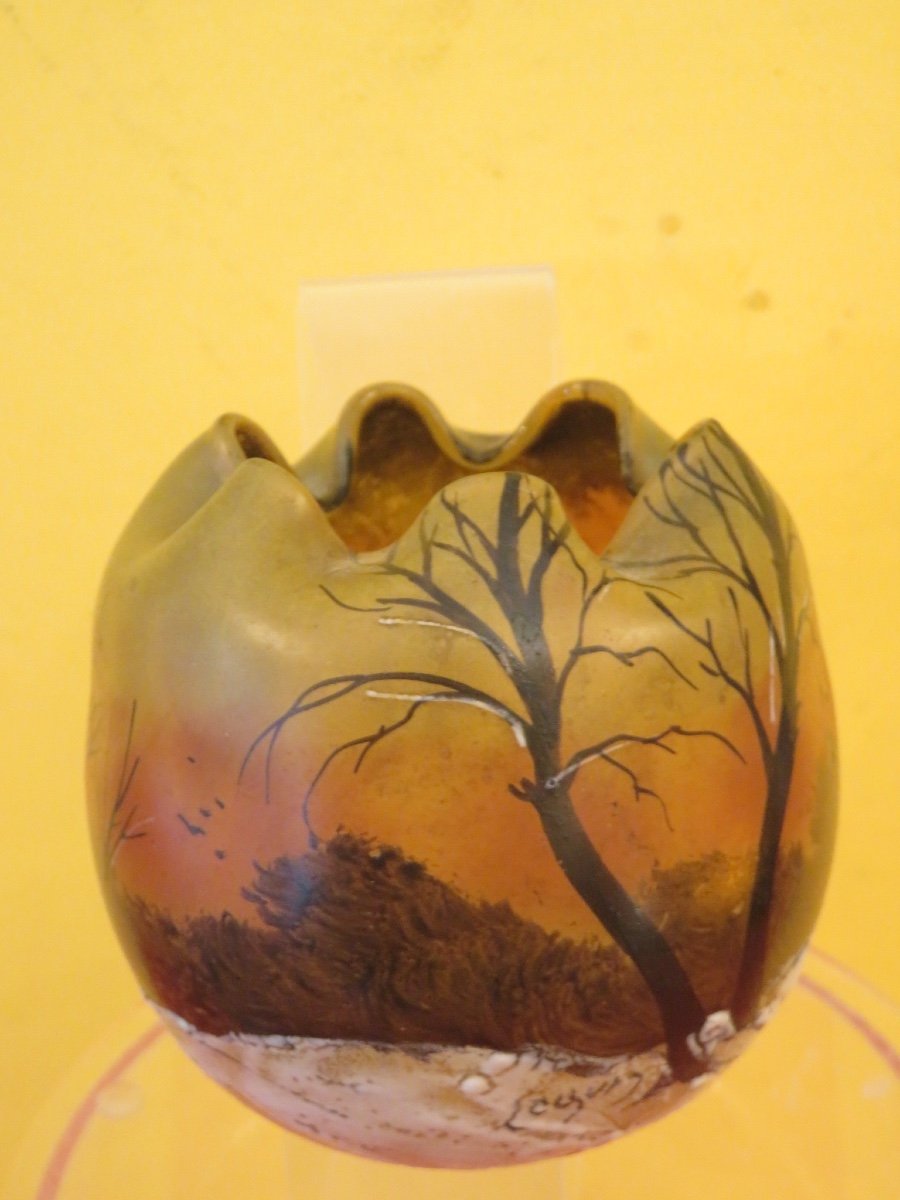 Vase boule signé LEGRAS  François- Théodore ( 1839- 1916 )  émaillé , paysage enneigé -photo-6