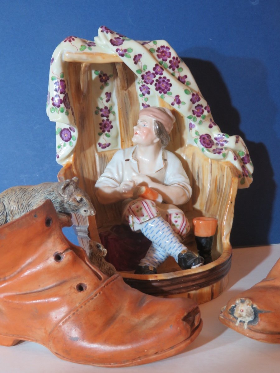 "the Cobbler" Polychrome Earthenware Subject From Lorraine Niderviller? 19th Century