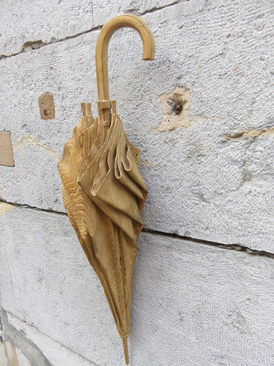 Sculpture en bois , en trompe l'oeil  ,  " Parapluie " de Guy Burais ( 1911- 2004 )-photo-5
