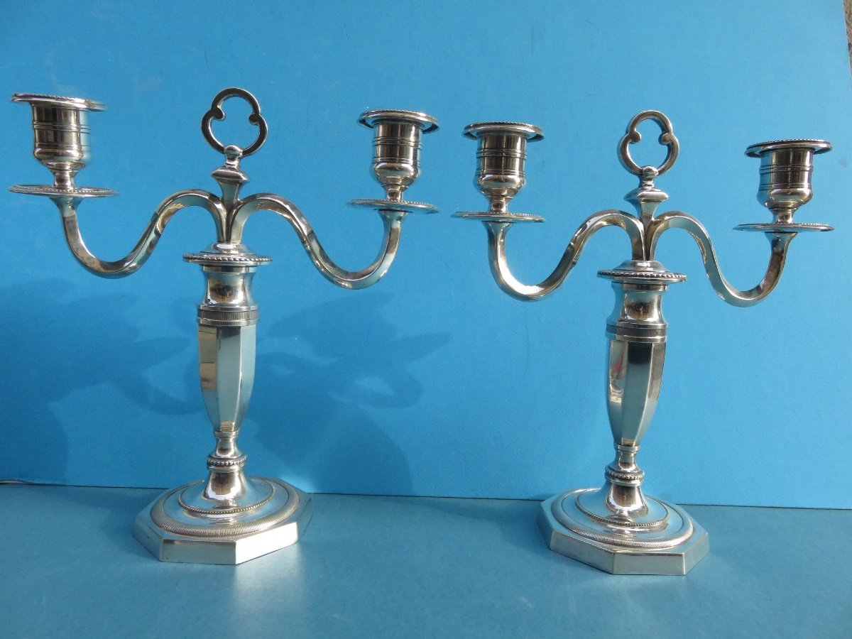 Paire de candélabres à deux feux  , transformables , en métal argenté , XX ème-photo-3
