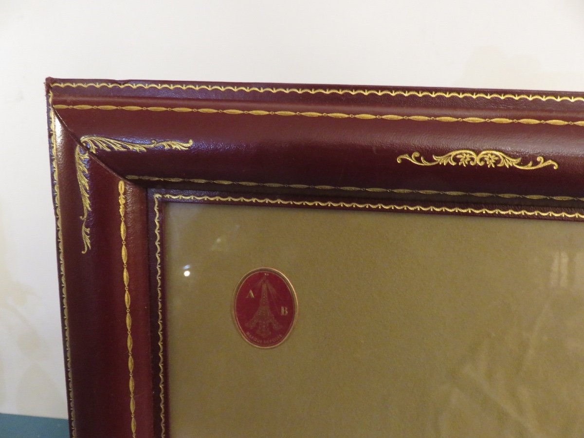 Burgundy Leather Frame, Small Iron Gilding, 1950s-photo-3