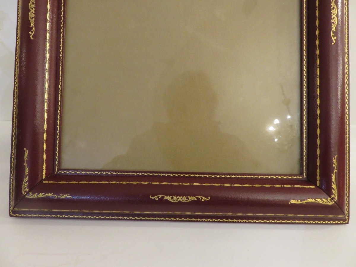 Burgundy Leather Frame, Small Iron Gilding, 1950s-photo-1
