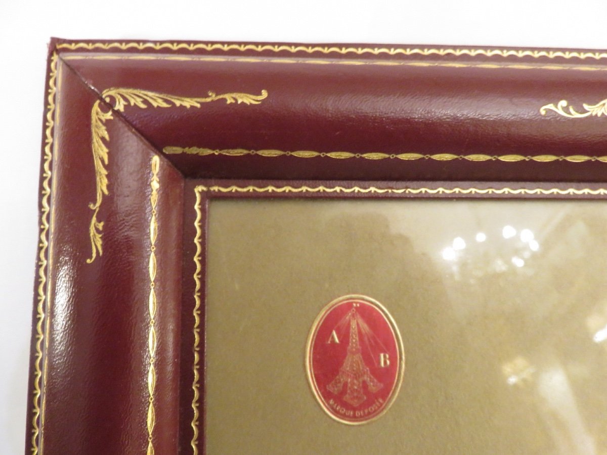 Burgundy Leather Frame, Small Iron Gilding, 1950s-photo-5