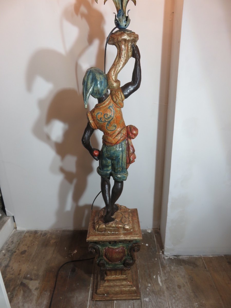 Nubian Torch Holder, In Polychrome Carved Wood, With Five Lights -photo-6