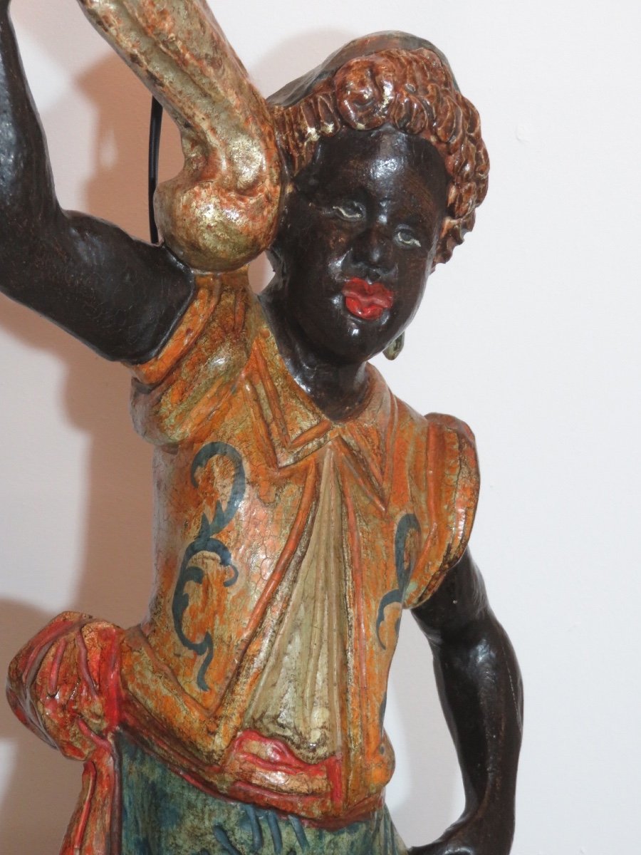 Nubian Torch Holder, In Polychrome Carved Wood, With Five Lights 