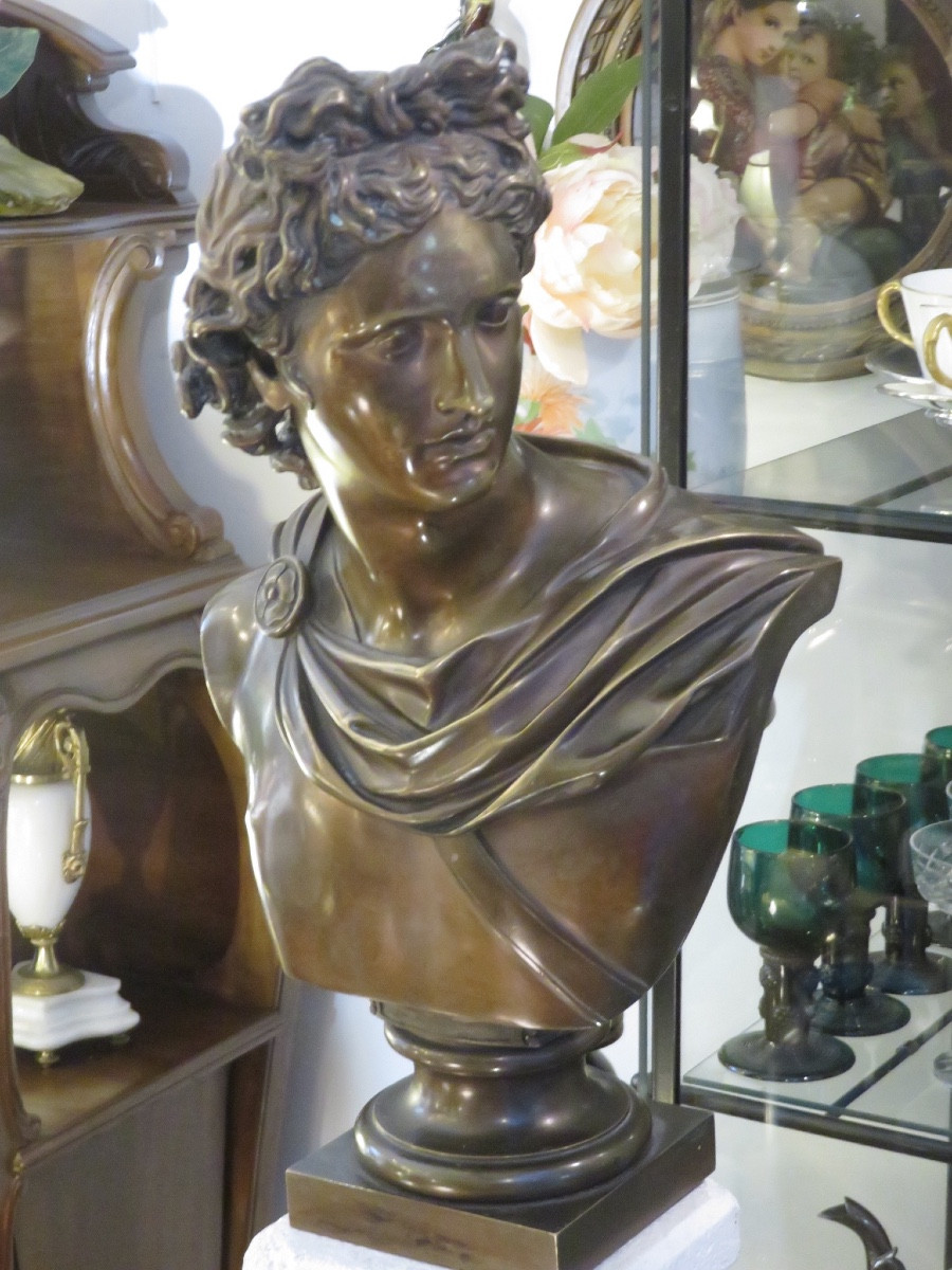 Buste en Bronze  " l'Apollon Du Belvédère "  Patine Médaille  ( Ht 43 Cm) fin XIX ème-photo-2
