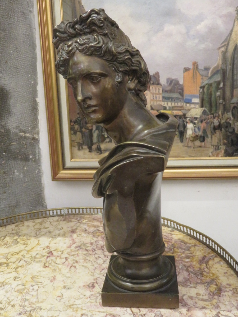 Buste en Bronze  " l'Apollon Du Belvédère "  Patine Médaille  ( Ht 43 Cm) fin XIX ème-photo-3