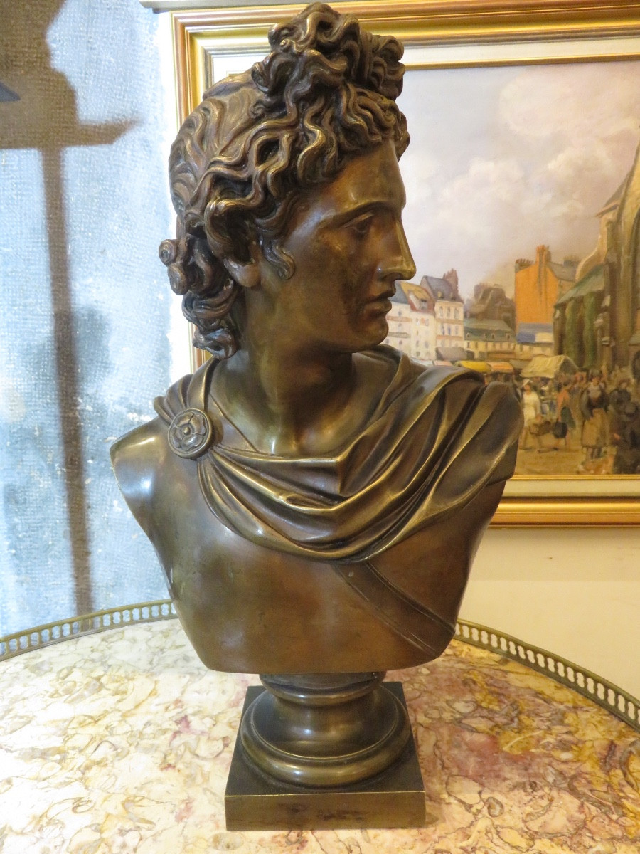 Buste en Bronze  " l'Apollon Du Belvédère "  Patine Médaille  ( Ht 43 Cm) fin XIX ème-photo-5