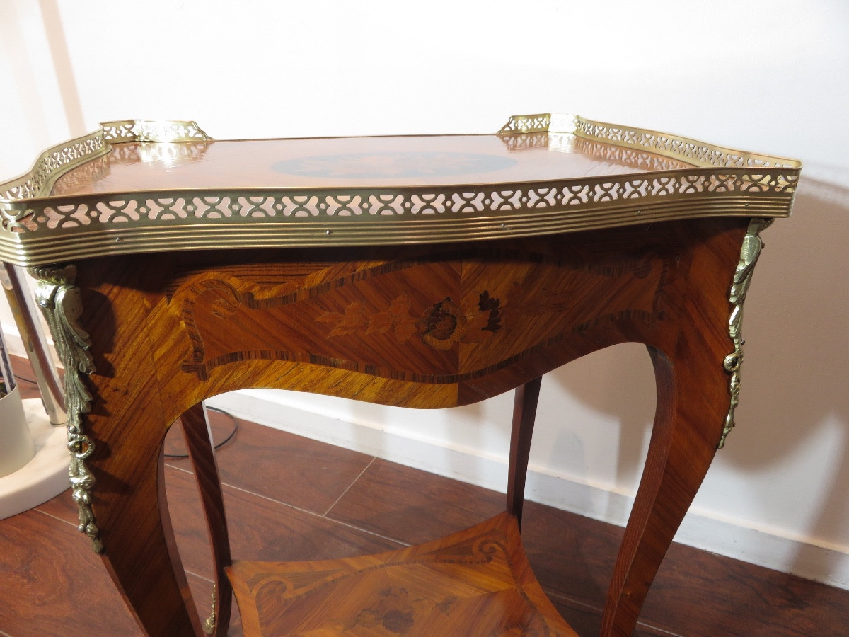 Small Marquetry Table, Curved On All Four Sides, Louis XV Style, 20th Century-photo-5