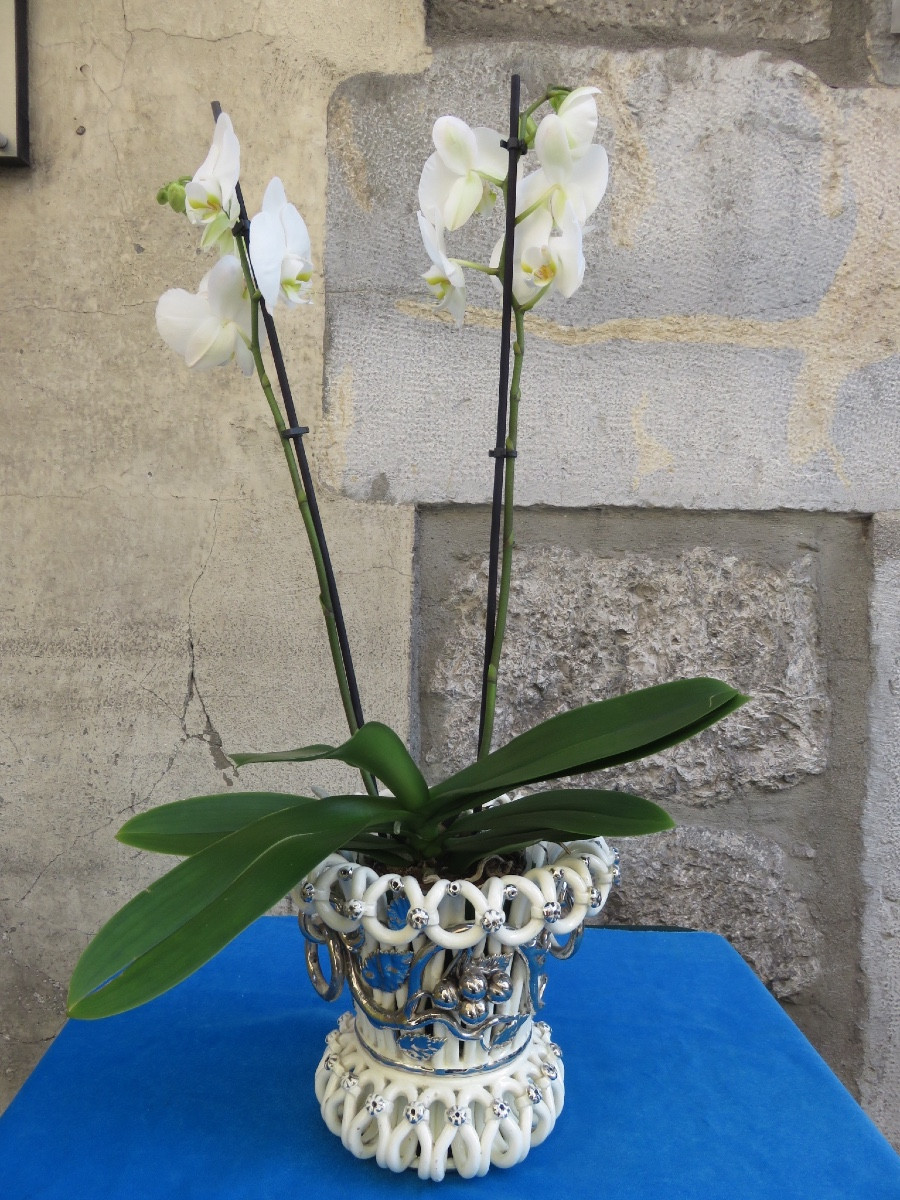 Langeais Earthenware Flowerpot, Platinum Decoration, Signed Charles De Boissimon, 19th Century-photo-8