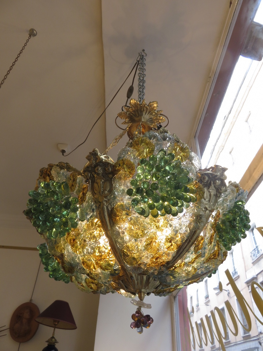 Murano Chandelier In Bronze With Bunches Of Grapes And Glass Paste Flowers, Art Nouveau Period